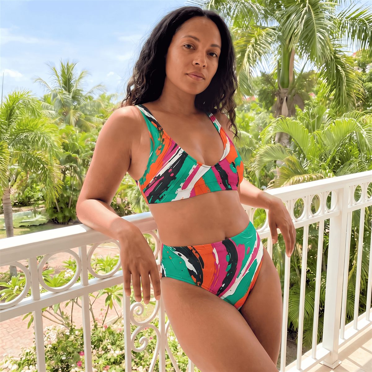 Teal Splash bikini set, lifestyle